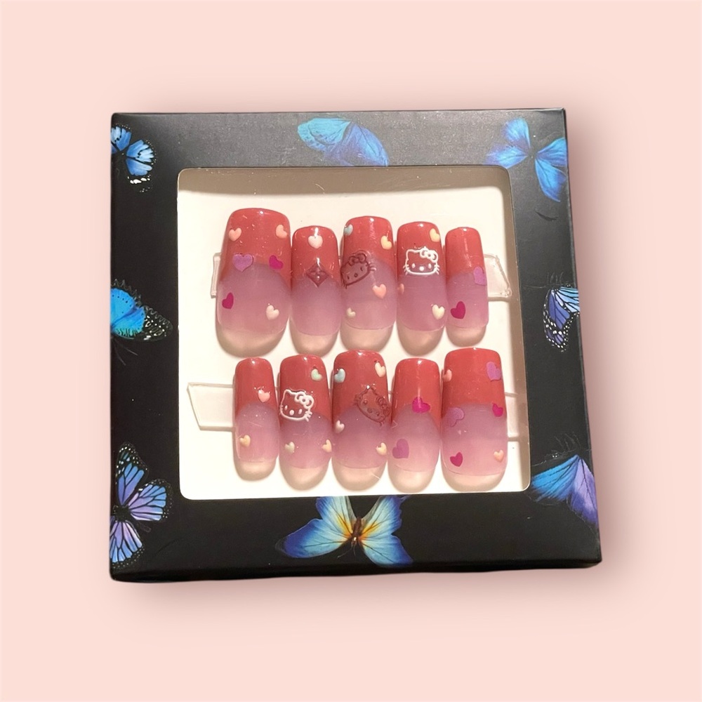 Handmade pink frenchie hello kitty press on nails